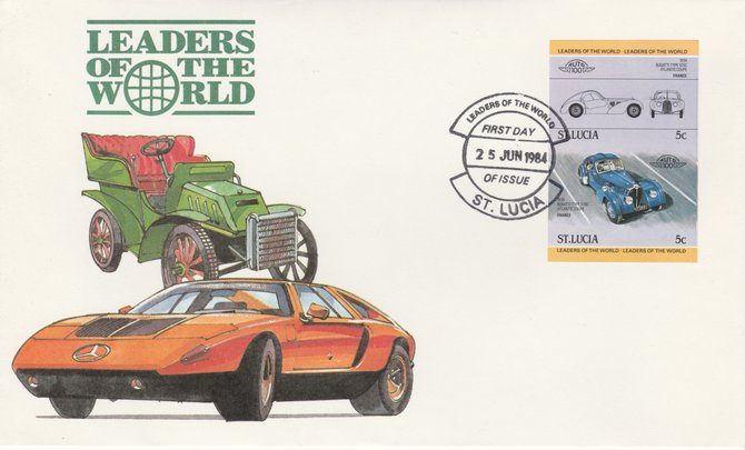 St Lucia 1984 Cars #1 (Leaders of the World) 5c Bugatti Type 57SC (1939) imperf se-tenant pair on illustrated cover with first day cancel (as SG 703a) very few imperfs are known on cover, stamps on cars, stamps on bugatti