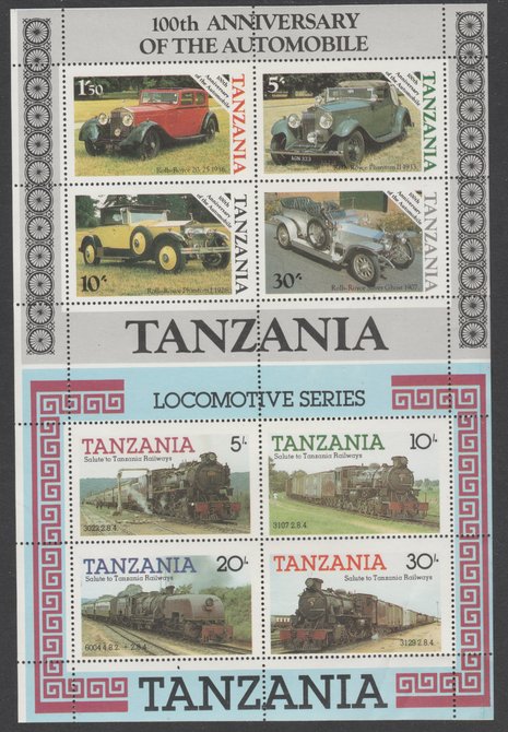 Tanzania 1985 Railways m/sheet se-tenant with 1986 Centenary of Motoring m/sheet both unmounted mint from uncut archive sheet, previously unoffered, stamps on 