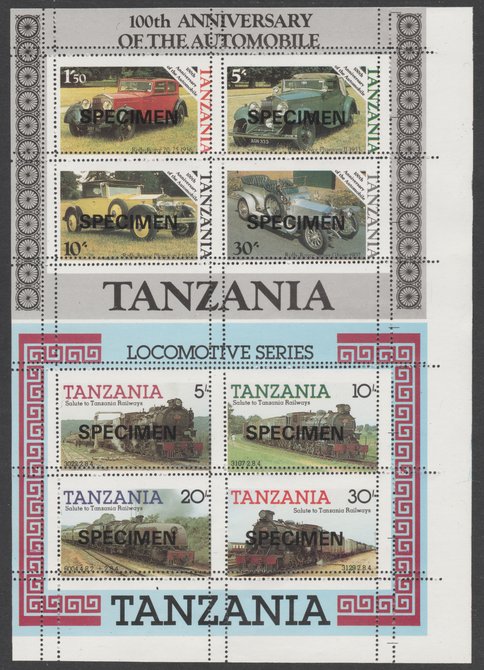 Tanzania 1985 Railways m/sheet se-tenant with 1986 Centenary of Motoring m/sheet both unmounted mint with perforations doubled, from uncut archive sheet, previously unoffered, stamps on 