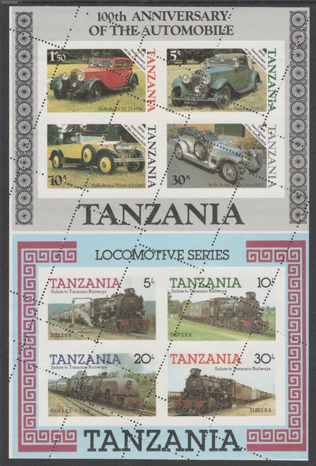 Tanzania 1985 Railways m/sheet se-tenant with 1986 Centenary of Motoring m/sheet both unmounted mint with spectacular oblique perforation strikes, from uncut archive shee..., stamps on 