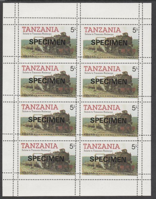 Tanzania 1985 Railways 5s in complete SPECIMEN sheet of 8 with double perforations, ex archives, slight soiling, stamps on 