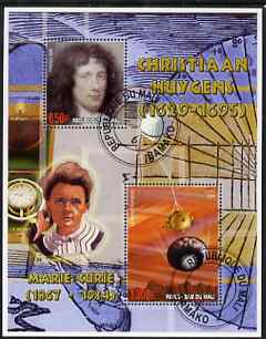 Mali 2006 Christiaan Huygens perf m/sheet containing 2 values (also showing Marie Curie) cto used, stamps on personalities, stamps on mathematics, stamps on science, stamps on space, stamps on astronomy, stamps on medical, stamps on nobel, stamps on physics, stamps on women, stamps on x-rays, stamps on chemist, stamps on clocks, stamps on maths