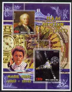 Mali 2006 Isaac Newton perf m/sheet containing 2 values (also showing Marie Curie) cto used, stamps on personalities, stamps on science, stamps on space, stamps on astronomy, stamps on medical, stamps on nobel, stamps on physics, stamps on women, stamps on x-rays, stamps on chemist, stamps on mathematics, stamps on clocks, stamps on maths