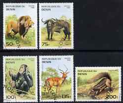 Benin 1995 Mammals complete set of 5, SG 1315-19, Mi 691-95 cto used, stamps on animals    cats    lion    buffalo    bovine     apes     squirrel