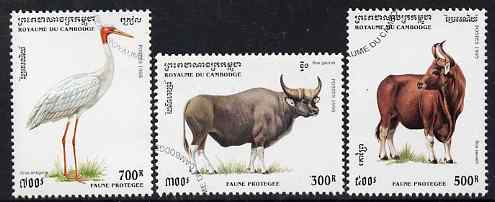 Cambodia 1995 Protected Animals complete set of 3 cto used, SG 1451-53, stamps on animals, stamps on birds, stamps on bovine