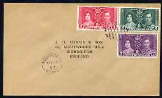 Newfoundland 1937 KG6 Coronation set of 3 on cover with first day cancel addressed to the forger, J D Harris.,Harris was imprisoned for 9 months after Robson Lowe exposed..., stamps on , stamps on  kg6 , stamps on forgery, stamps on forger, stamps on forgeries, stamps on coronation