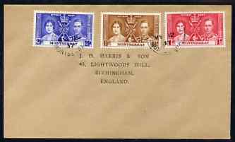 Montserrat 1937 KG6 Coronation set of 3 on cover with first day cancel addressed to the forger, J D Harris.  Harris was imprisoned for 9 months after Robson Lowe exposed ..., stamps on , stamps on  kg6 , stamps on forgery, stamps on forger, stamps on forgeries, stamps on coronation
