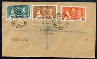 Trinidad & Tobago 1937 KG6 Coronation set of 3 on reg cover with first day cancel addressed to the forger, J D Harris.  Harris was imprisoned for 9 months after Robson Lowe exposed him for applying forged first day cancels to Coronation covers (details supplied)., stamps on , stamps on  kg6 , stamps on forgery, stamps on forger, stamps on forgeries, stamps on coronation