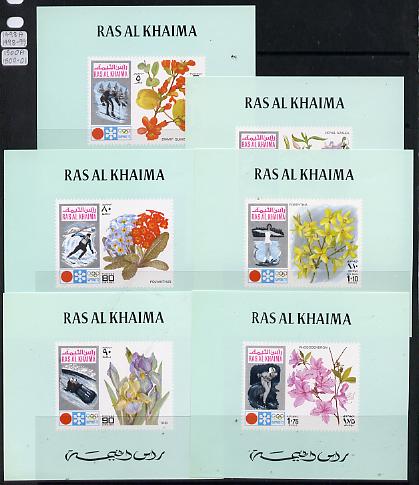 Ras Al Khaima 1972 Flowers (Winter Olympics) set of 6 individual deluxe miniature sheets unmounted mint as Michel 607-12, stamps on flowers  olympics    sport