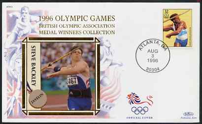 United States 1996 Atlanta Olympics 32c Decathlon on illustrated Benham silk cover (British Olympic Association showing Steve Backley) with special Atlanta cancel, SG 318..., stamps on sport, stamps on olympics, stamps on atletics, stamps on decathlon, stamps on javelin