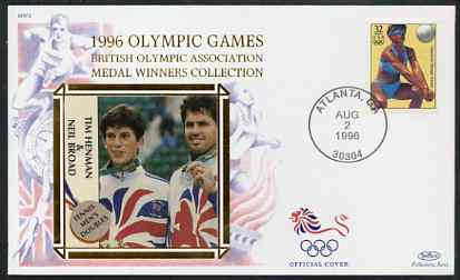 United States 1996 Atlanta Olympics 32c Beach Volleyball on illustrated Benham silk cover (British Olympic Association showing Tim Henman & Neil Broad) with special Atlanta cancel, stamps on sport, stamps on olympics, stamps on volleyball, stamps on tennis