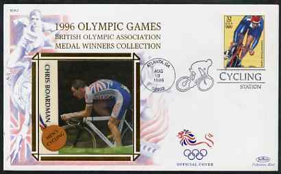 United States 1996 Atlanta Olympics 32c Men's Cycling on illustrated Benham silk cover (British Olympic Association showing Chris Boardman) with special Cycling cancel, SG 3188, stamps on sport, stamps on olympics, stamps on bicycles