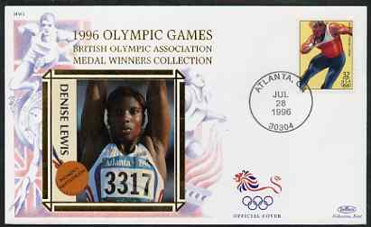 United States 1996 Atlanta Olympics 32c Shot Putt on illustrated Benham silk cover (British Olympic Association showing Denise Lewis) with special Atlanta cancel, SG 3192, stamps on sport, stamps on olympics, stamps on atletics, stamps on heptathlon, stamps on shot