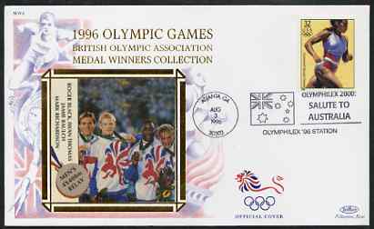 United States 1996 Atlanta Olympics 32c Womens Running on illustrated Benham silk cover (British Olympic Association showing Mens 4 x 400 Relay Team) with special Atlanta..., stamps on sport, stamps on olympics, stamps on running, stamps on athletics