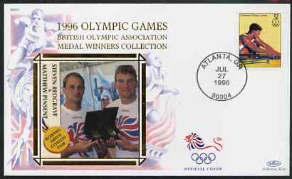 United States 1996 Atlanta Olympics 32c Mens Rowing on illustrated Benham silk cover (British Olympic Association showing Steven Redgrave & Matthew Pinsent) with special ..., stamps on sport, stamps on olympics, stamps on running, stamps on athletics