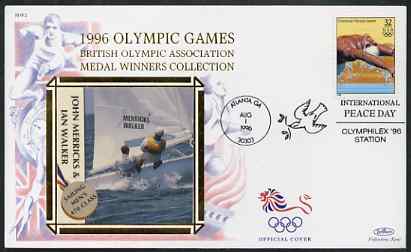 United States 1996 Atlanta Olympics 32c Swimming on illustrated Benham silk cover (British Olympic Association showing John Merricks & Ian Walker) with special Atlanta cancel, stamps on sport, stamps on olympics, stamps on sailing, stamps on swimming