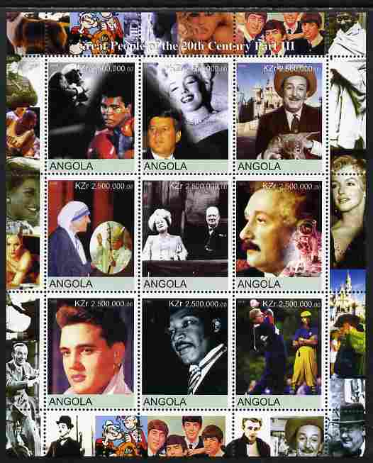 Angola 2000 Great People of the 20th Century perf sheetlet containing 9 values unmounted mint. Note this item is privately produced and is offered purely on its thematic appeal, stamps on personalities, stamps on einstein, stamps on science, stamps on physics, stamps on nobel, stamps on maths, stamps on space, stamps on judaica, stamps on atomics, stamps on mathematics, stamps on disney, stamps on films, stamps on cinema, stamps on movies, stamps on kennedy, stamps on usa presidents, stamps on americana, stamps on music, stamps on marilyn, stamps on monroe, stamps on churchill, stamps on constitutions, stamps on  ww2 , stamps on masonry, stamps on masonics, stamps on royalty, stamps on elvis, stamps on music, stamps on pops, stamps on rock, stamps on women, stamps on human rights, stamps on peace, stamps on nobel, stamps on teresa, stamps on golf, stamps on boxing, stamps on pope