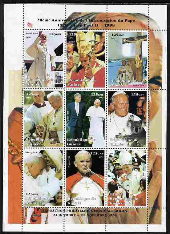 Guinea - Conakry 1998 20th Anniversary of Election of Pope John Paul II #2 perf sheetlet containing 9 values unmounted mint, stamps on personalities, stamps on popes, stamps on religion