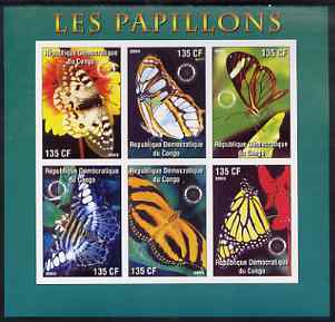 Congo 2003 Butterflies imperf sheetlet #01 (green border) containing 6 values each with Rotary Logo, unmounted mint, stamps on rotary, stamps on butterflies