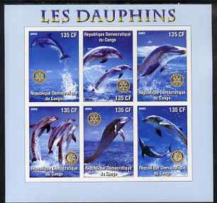 Congo 2003 Dolphins imperf sheetlet #01 (vert stamps) containing 6 values each with Rotary Logo, unmounted mint, stamps on rotary, stamps on dolphins, stamps on marine life