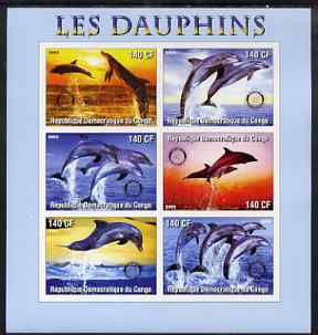 Congo 2003 Dolphins imperf sheetlet #02 (horiz stamps) containing 6 values each with Rotary Logo, unmounted mint, stamps on rotary, stamps on dolphins, stamps on marine life