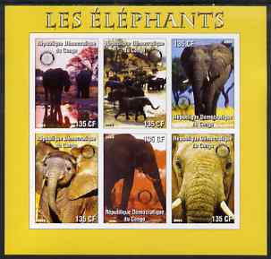 Congo 2003 Elephants imperf sheetlet #02 (yellow border) containing 6 x 135 F values each with Rotary Logo, unmounted mint, stamps on rotary, stamps on animals, stamps on elephants
