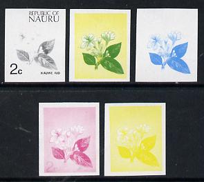 Nauru 1973 Flower (Kauwe lud) 2c definitive (SG 100) set of 5 unmounted mint IMPERF progressive proofs on gummed paper (blue, magenta, yelow, black and blue & yellow), stamps on flowers