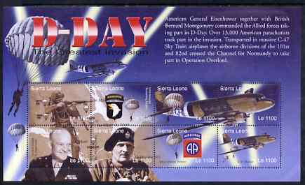 Sierra Leone 2004 60th Anniversary of D-day Landings perf m/sheet #6 containing 8 x 1100L values unmounted mint, SG MS 4267f, stamps on militaria, stamps on  ww2 , stamps on aviation, stamps on personalities, stamps on parachutes
