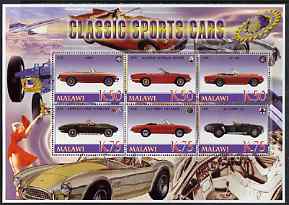 Malawi 2006 Classic Sports Cars #1 perf sheetlet containing 6 values unmounted mint, stamps on cars, stamps on  mg , stamps on maserati, stamps on chevrolet, stamps on alfa romeo, stamps on cobra, stamps on concorde