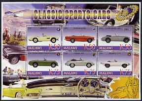 Malawi 2006 Classic Sports Cars #2 perf sheetlet containing 6 values unmounted mint, stamps on cars, stamps on  bmw , stamps on sunbeam alpine, stamps on austin healey, stamps on jaguar, stamps on porsche, stamps on concorde