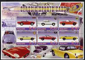 Malawi 2006 Classic Sports Cars #3 perf sheetlet containing 6 values unmounted mint, stamps on cars, stamps on jaguar, stamps on triumph, stamps on mercedes, stamps on lotus, stamps on jensen, stamps on concorde