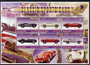 Malawi 2006 Classic Sports Cars #4 perf sheetlet containing 6 values unmounted mint, stamps on cars, stamps on aston martin, stamps on chevrolet, stamps on  mg , stamps on jaguar, stamps on alfa romeo, stamps on mercedes, stamps on concorde