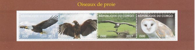 Congo 2017 Birds of Prey #1 perf sheetlet containing 4 values unmounted mint. Note this item is privately produced and is offered purely on its thematic appeal, stamps on birds, stamps on prey, stamps on owls.eagles