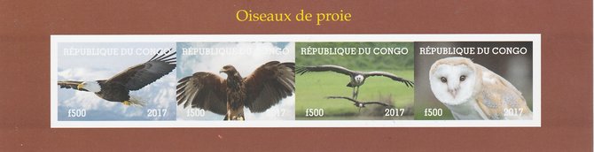 Congo 2017 Birds of Prey #1 imperf sheetlet containing 4 values unmounted mint. Note this item is privately produced and is offered purely on its thematic appeal, stamps on birds, stamps on prey, stamps on owls.eagles
