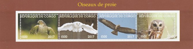 Congo 2017 Birds of Prey #2 perf sheetlet containing 4 values unmounted mint. Note this item is privately produced and is offered purely on its thematic appeal, stamps on birds, stamps on prey, stamps on owls.eagles