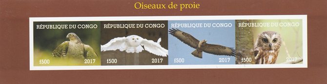 Congo 2017 Birds of Prey #2 imperf sheetlet containing 4 values unmounted mint. Note this item is privately produced and is offered purely on its thematic appeal, stamps on birds, stamps on prey, stamps on owls.eagles