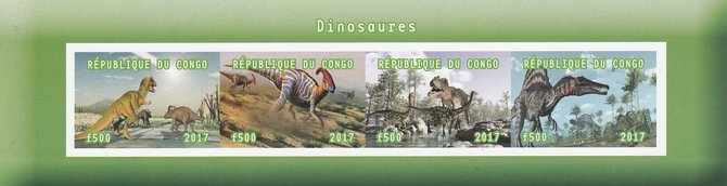 Congo 2017 Dinosaurs #1 imperf sheetlet containing 4 values unmounted mint. Note this item is privately produced and is offered purely on its thematic appeal, stamps on dinosaurs