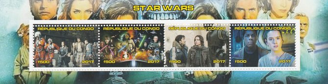 Congo 2017 Star Wars #2 perf sheetlet containing 4 values unmounted mint. Note this item is privately produced and is offered purely on its thematic appeal, stamps on star wars, stamps on films, stamps on cinema, stamps on movies, stamps on sci-fi, stamps on 