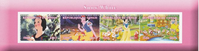 Congo 2017 Snow White perf sheetlet containing 4 values unmounted mint. Note this item is privately produced and is offered purely on its thematic appeal, stamps on snow white, stamps on disney, stamps on films, stamps on cinema, stamps on movies, stamps on 
