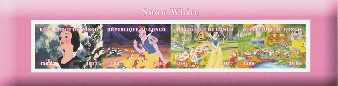 Congo 2017 Snow White imperf sheetlet containing 4 values unmounted mint. Note this item is privately produced and is offered purely on its thematic appeal, stamps on snow white, stamps on disney, stamps on films, stamps on cinema, stamps on movies, stamps on 