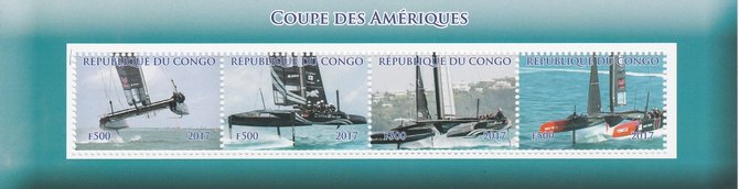 Congo 2017 America's Cup perf sheetlet containing 4 values unmounted mint. Note this item is privately produced and is offered purely on its thematic appeal, stamps on ships, stamps on sport