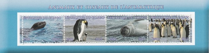 Congo 2017 Antarctic Fauna perf sheetlet containing 4 values unmounted mint. Note this item is privately produced and is offered purely on its thematic appeal, stamps on animals, stamps on birds, stamps on penguins, stamps on polar