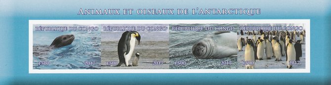 Congo 2017 Antarctic Fauna imperf sheetlet containing 4 values unmounted mint. Note this item is privately produced and is offered purely on its thematic appeal, stamps on animals, stamps on birds, stamps on penguins, stamps on polar