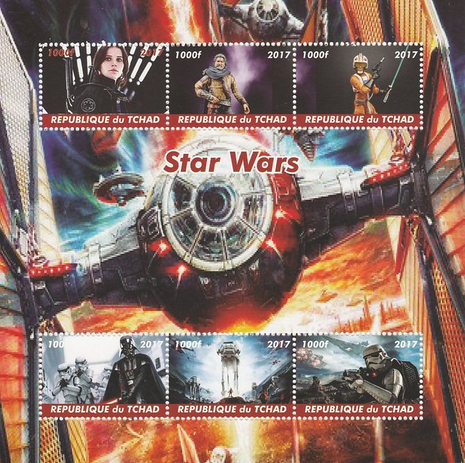 Chad 2017 Star Wars perf sheetlet containing 6 values unmounted mint. Note this item is privately produced and is offered purely on its thematic appeal. . , stamps on films, stamps on cinema, stamps on movies, stamps on sci-fi, stamps on star wars