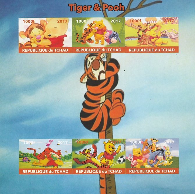 Chad 2017 Disney's Tigger & Pooh imperf sheetlet containing 6 values unmounted mint. Note this item is privately produced and is offered purely on its thematic appeal. . , stamps on films, stamps on cinema, stamps on movies, stamps on disney, stamps on bears