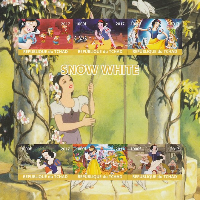 Chad 2017 Disneys Snow White imperf sheetlet containing 6 values unmounted mint. Note this item is privately produced and is offered purely on its thematic appeal. . , stamps on films, stamps on cinema, stamps on movies, stamps on disney, stamps on snow white