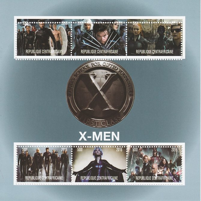 Central African Republic 2016 X-Men #2 perf sheetlet containing 6 values unmounted mint. Note this item is privately produced and is offered purely on its thematic appeal, stamps on films, stamps on movies, stamps on cinema, stamps on sci-fi