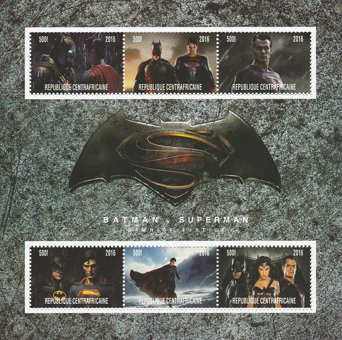 Central African Republic 2016 Batman v Superman #1 perf sheetlet containing 6 values unmounted mint. Note this item is privately produced and is offered purely on its thematic appeal, stamps on films, stamps on movies, stamps on cinema, stamps on sci-fi