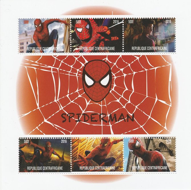 Central African Republic 2016 Spiderman #1 perf sheetlet containing 6 values unmounted mint. Note this item is privately produced and is offered purely on its thematic appeal, stamps on films, stamps on movies, stamps on cinema, stamps on sci-fi