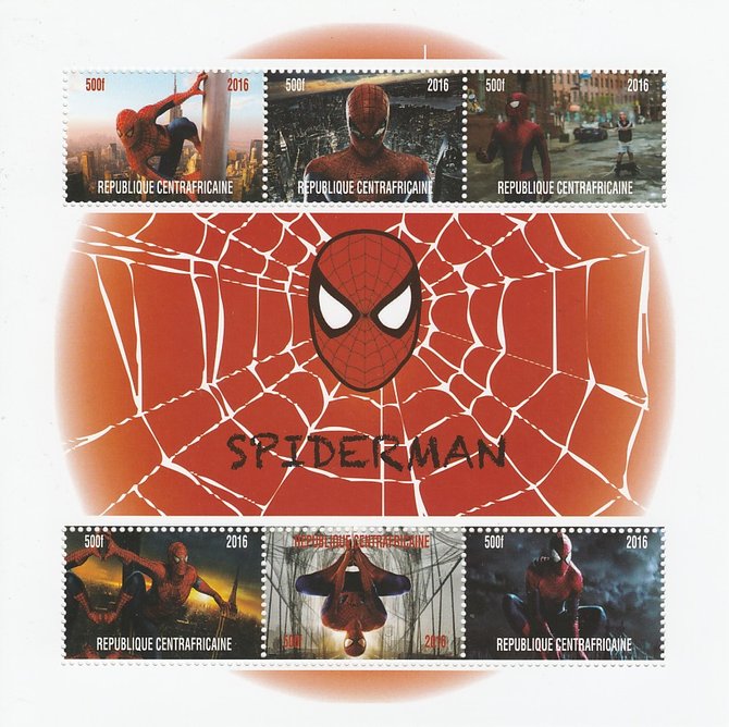 Central African Republic 2016 Spiderman #2 perf sheetlet containing 6 values unmounted mint. Note this item is privately produced and is offered purely on its thematic appeal, stamps on films, stamps on movies, stamps on cinema, stamps on sci-fi